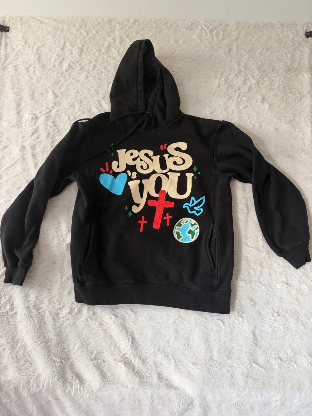 Jesus Loves You JLY Black Graphic Hoodie Sweatshirt Medium Christian Streetwear